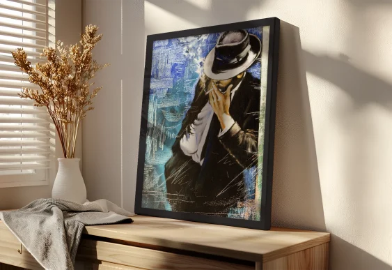 🕶️ Tablou pe pânză Bărbat cu pălărie cu ramă albă