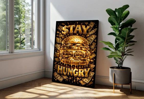 🍔 Tablou Burger de Aur Stay Hungry pe pânză