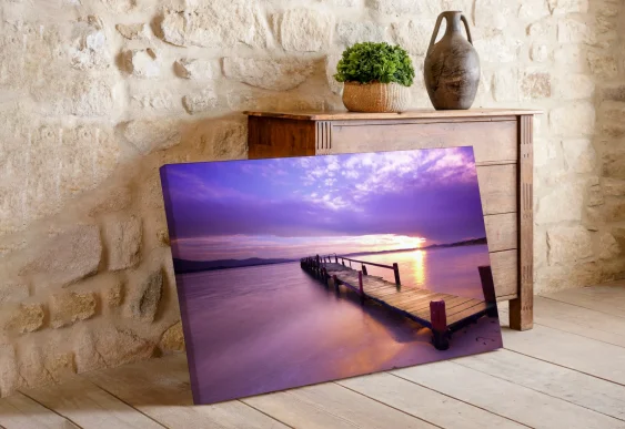 🌅 Tablou pe panza Ponton din lemn sub cer violet