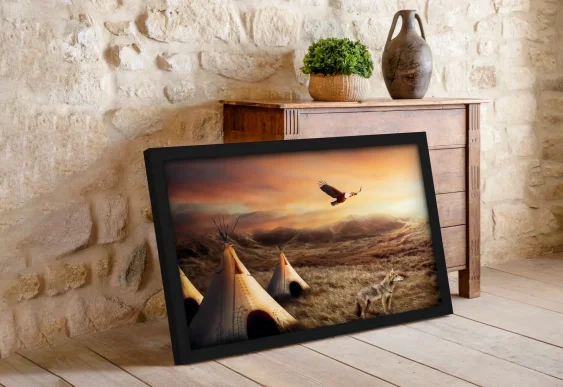 🦅 Tablou pe pânză Teepee indiene și vultur cu ramă neagră