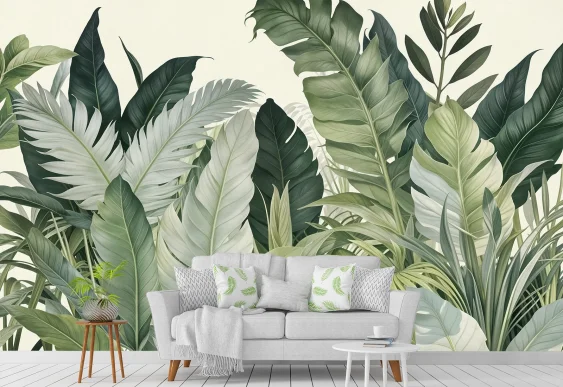 🌿 Fototapet „Frunze tropicale în tonuri deschise”