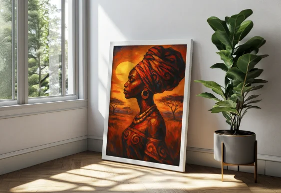 🌍 Tablou pe pânză Femeie africană la apus cu ramă