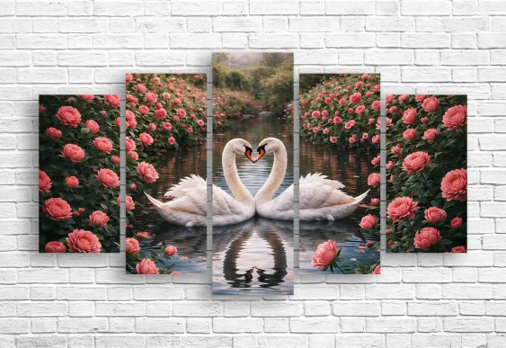 🦢 Tablou modular Lebede în grădina roz