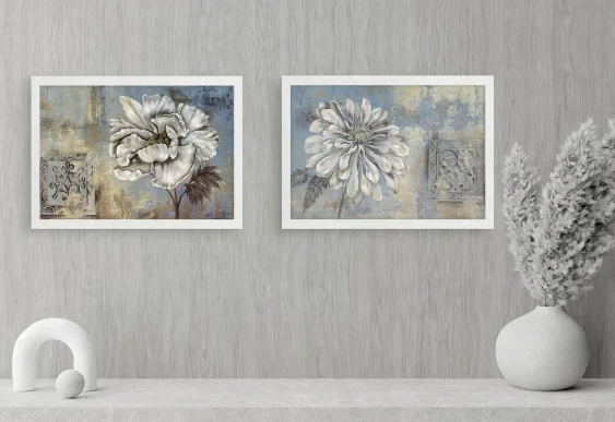 🌸 Картина Белые пионы абстракция в белой раме