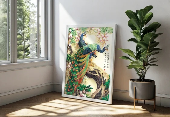 🦚 Картина Павлин в восточном стиле в белой раме