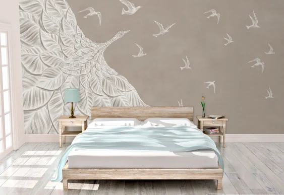 🕊️ Фотообои «Перо птицы и летящие силуэты»