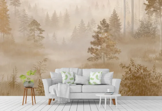 🌲 Фотообои «Туманный лес в теплых тонах»