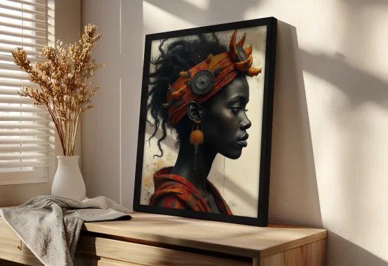 🌍 Tablou pe pânză Femeie africană în turban portocaliu cu ramă