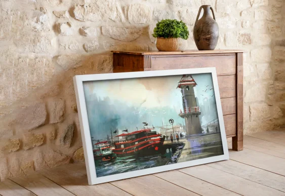 🚢 Tablou pe pânză Port și far în ramă albă