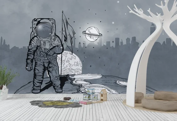 🧸 Fototapet pentru copii cu cosmonaut pe Lună și Pământ