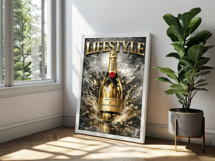 🍾 Tablou șampanie Moët cu stropi aurii pe pânză