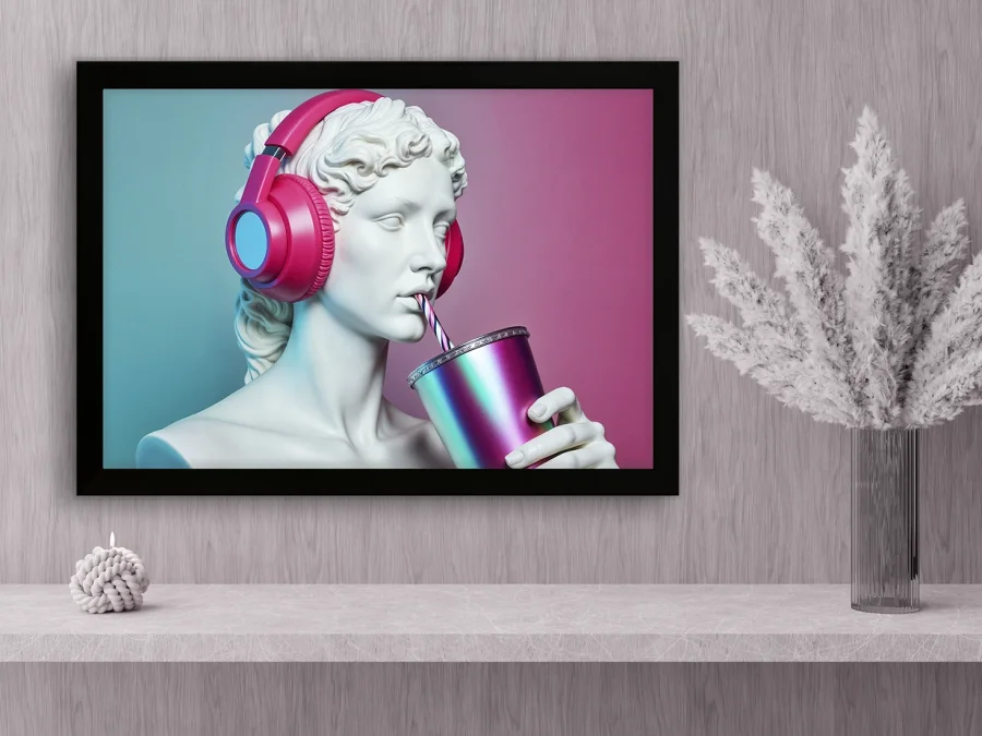 🎧 Tablou „Statuie cu căști și băutură”