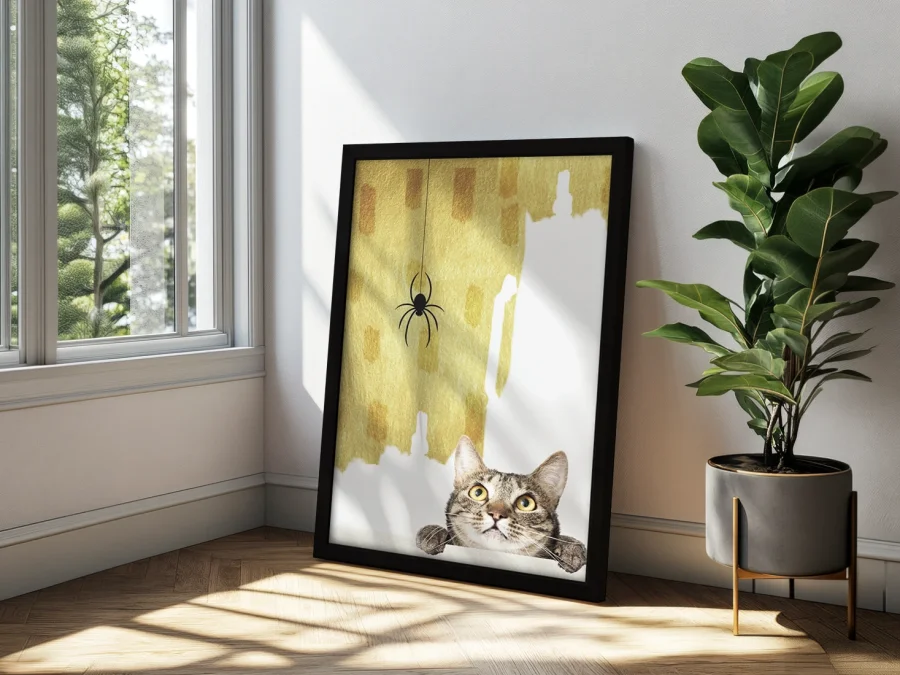 🐱 Pisică și păianjen într-o scenă amuzantă în ramă