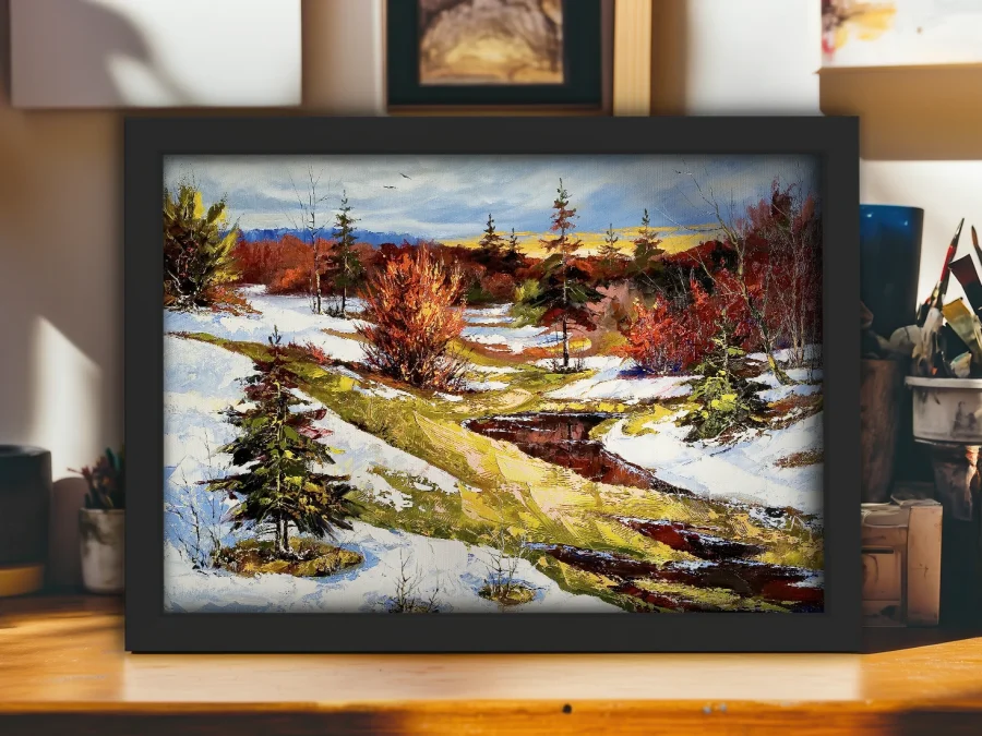 🏠 Tablou pe pânză Pădure de toamnă în zăpadă cu ramă neagră