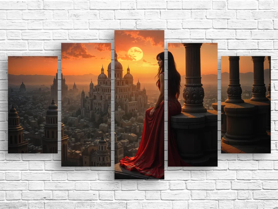 🌇 Модульная картина Девушка в красном платье над городом