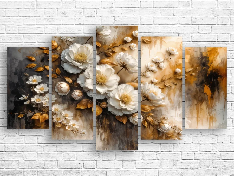 🌸 Модульная картина Белые цветы и золотые листья