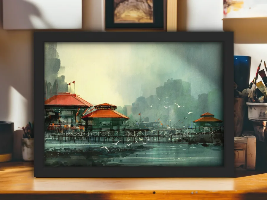 🏮 Tablou pe pânză Peisaj asiatic pe apă în ramă neagră