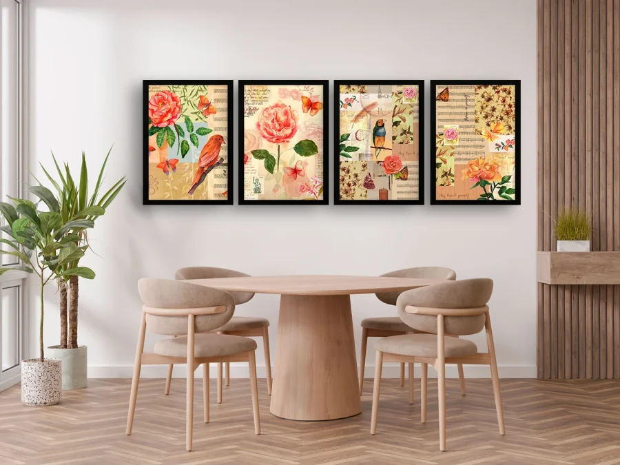 🌸 Set tablouri Vintage Trandafiri și Păsări în ramă albă