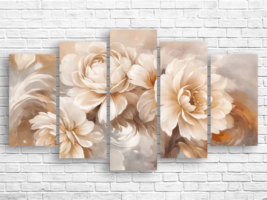 🌸 Tablou modular Flori bej delicate pe canvas