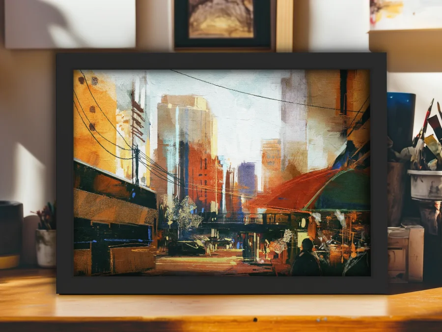 🏙️ Картина Огни города абстракция в белой раме