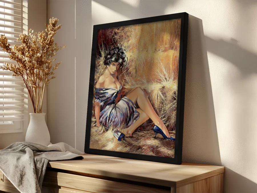 👗 Tablou pe pânză Fată pe fân pin-up cu ramă