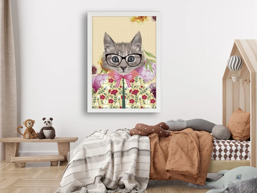 🐱 Tablou „Pisoi cu ochelari și model floral”