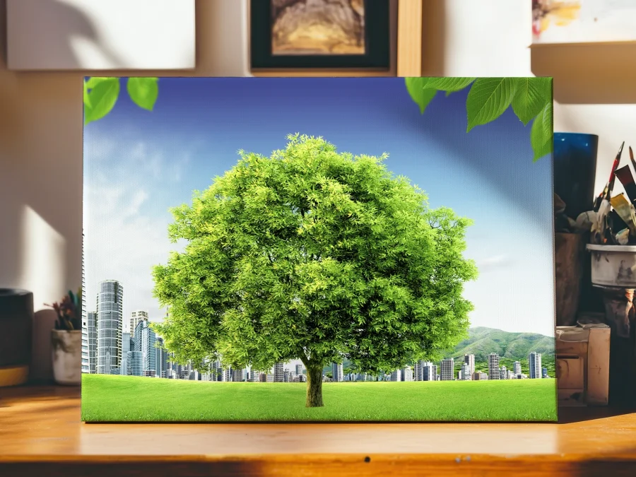 🌳 Картина Одинокое зеленое дерево на фоне города
