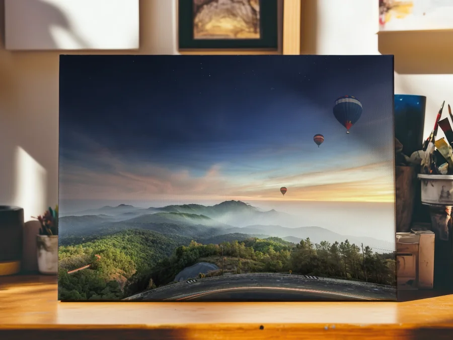 🎈 Tablou pe panza cu baloane cu aer cald si munti