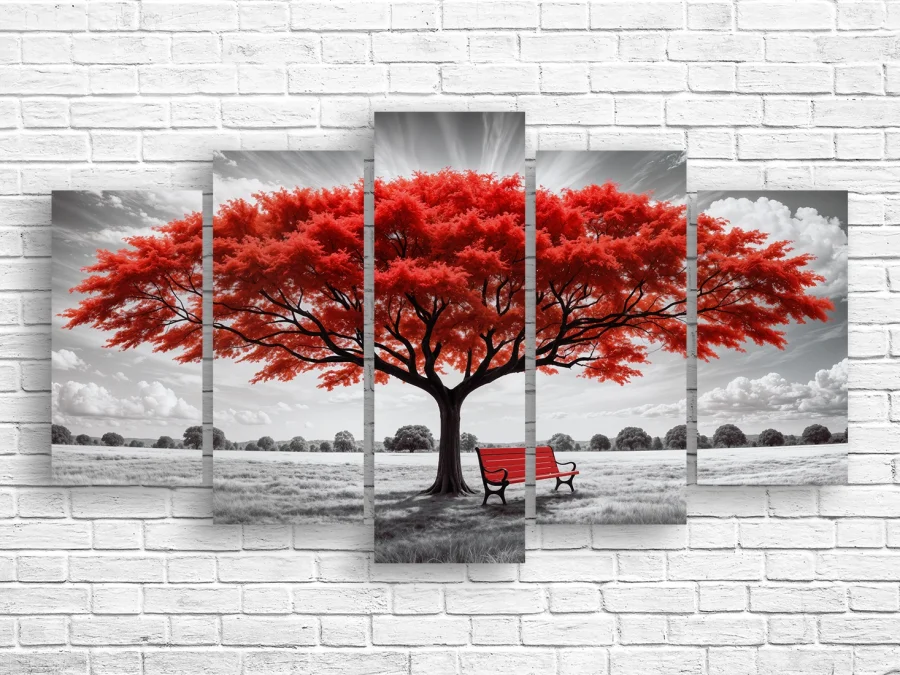 🌳 Tablou modular „Copac roșu și bancă”
