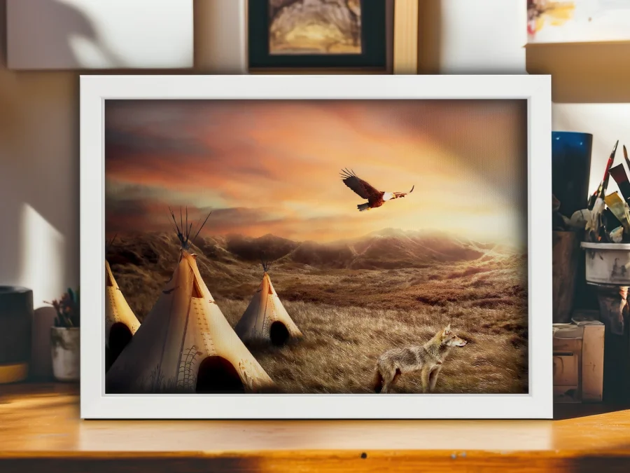 🦅 Tablou pe pânză Teepee indiene și vultur cu ramă neagră