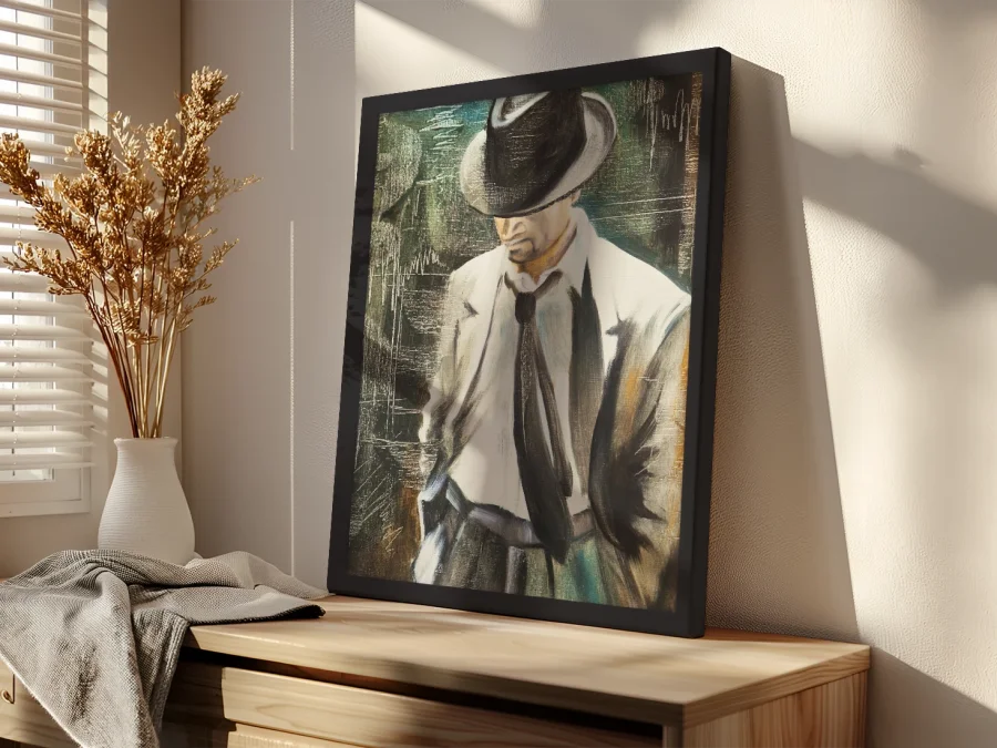 🕶️ Tablou pe pânză Bărbat cu pălărie cu ramă albă