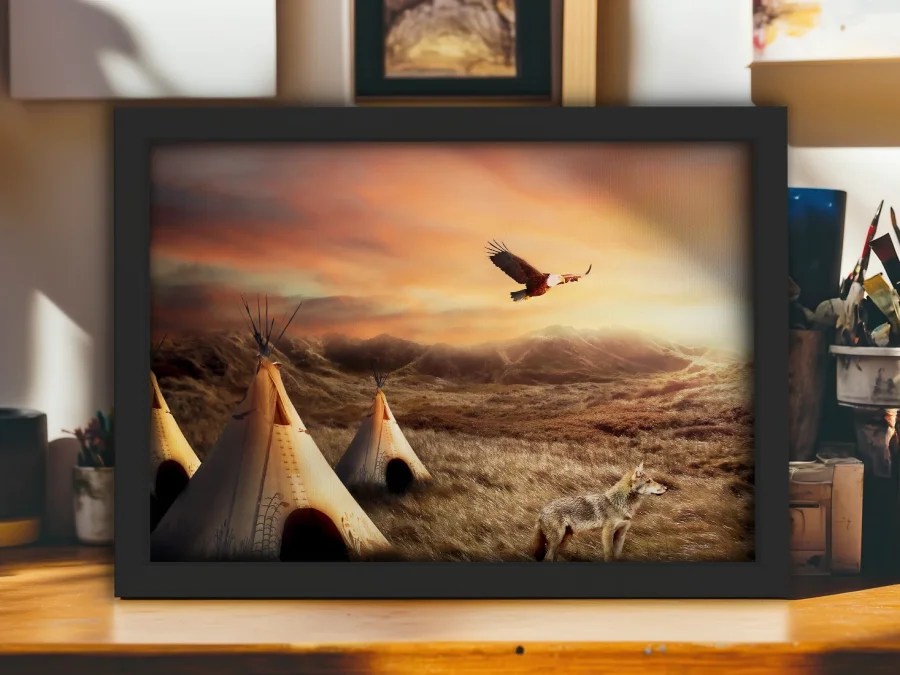 🦅 Tablou pe pânză Teepee indiene și vultur cu ramă neagră