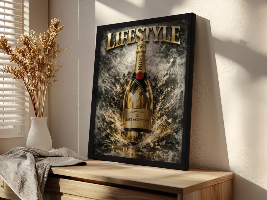 🍾 Tablou șampanie Moët cu stropi aurii pe pânză