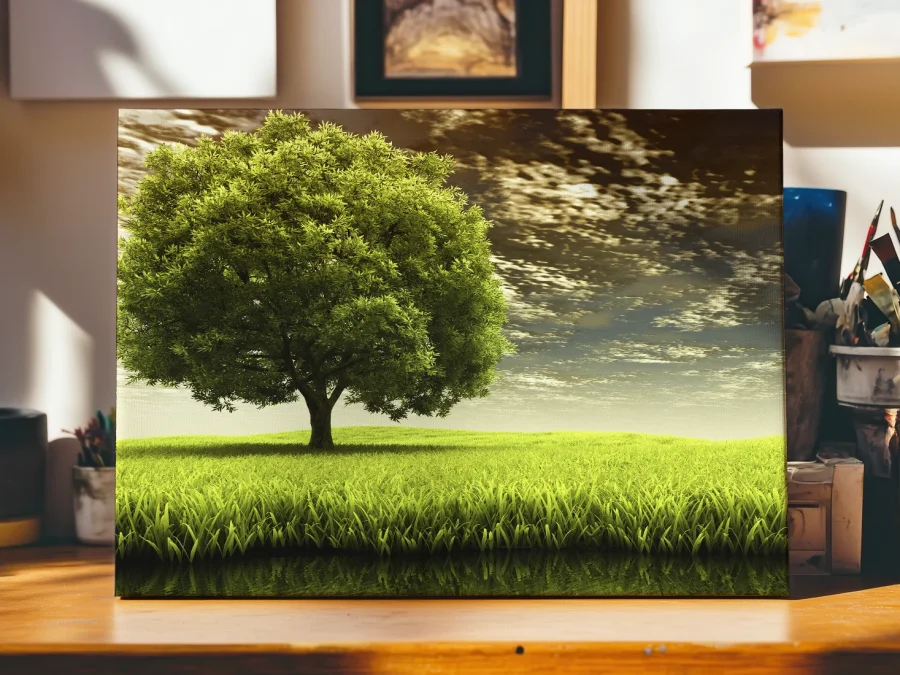 🌳 Tablou pe panza Copac singuratic pe pajistea verde