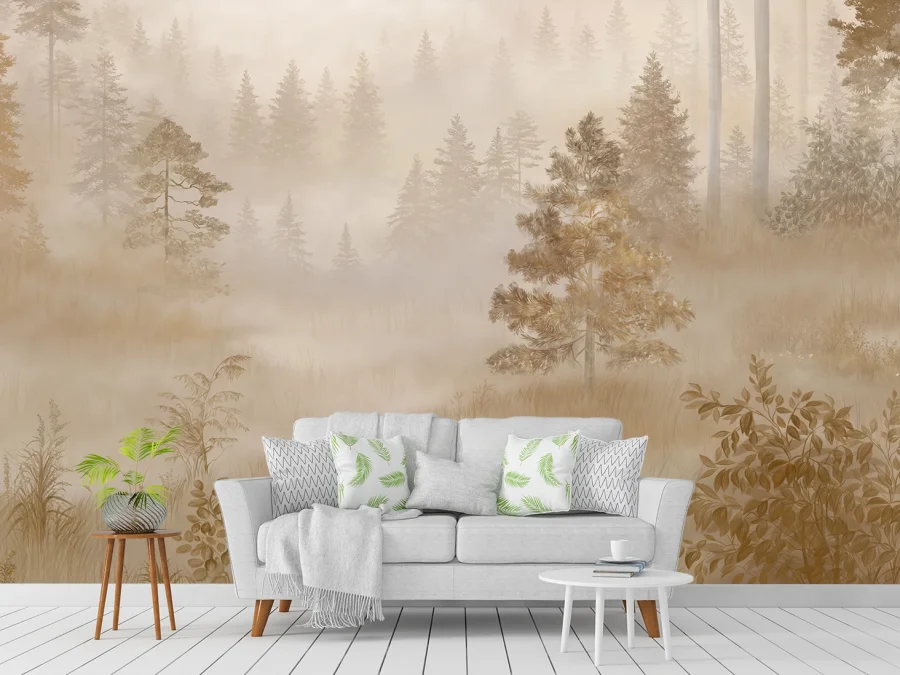 🌲 Фотообои «Туманный лес в теплых тонах»
