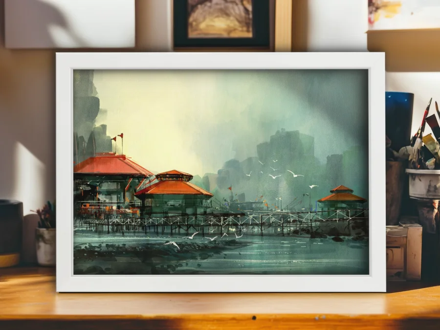 🏮 Tablou pe pânză Peisaj asiatic pe apă în ramă neagră