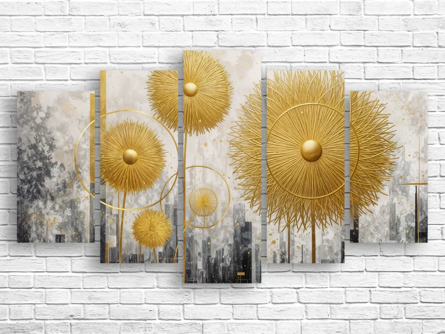 ✨ Tablou modular „Abstracție aurie cu cercuri”