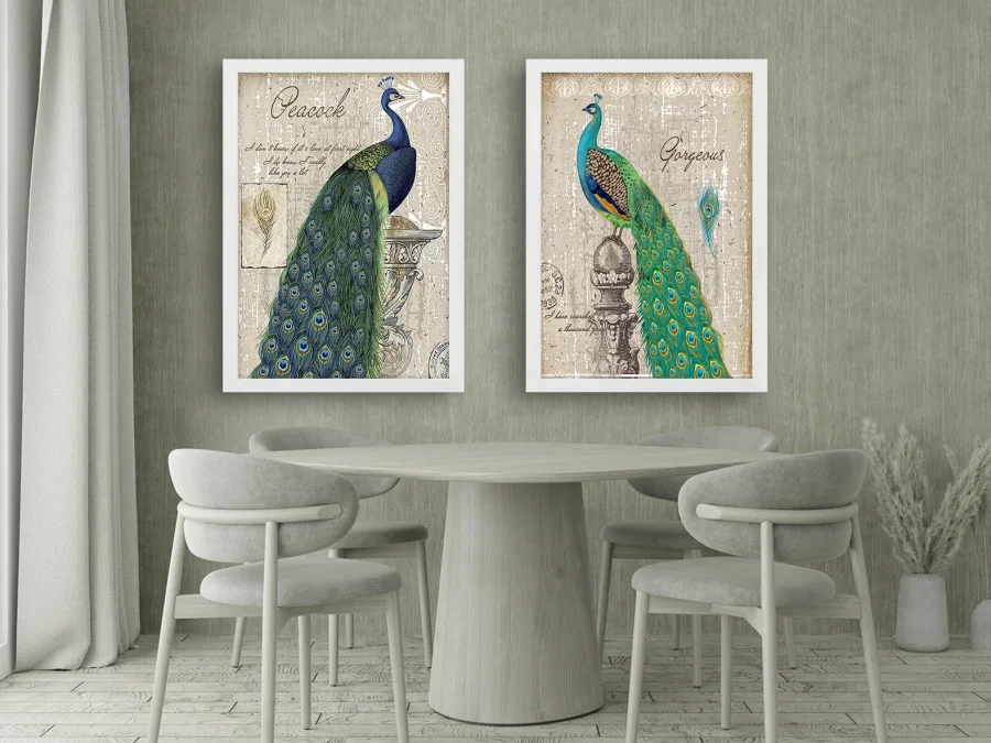 🦚 Tablou pe pânză Păun Gorgeous în ramă albă