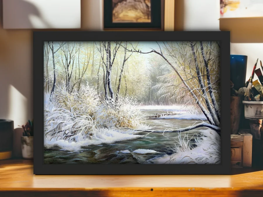🏠 Tablou pe pânză Râu de iarnă în ramă neagră