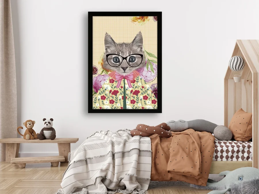 🐱 Tablou „Pisoi cu ochelari și model floral”