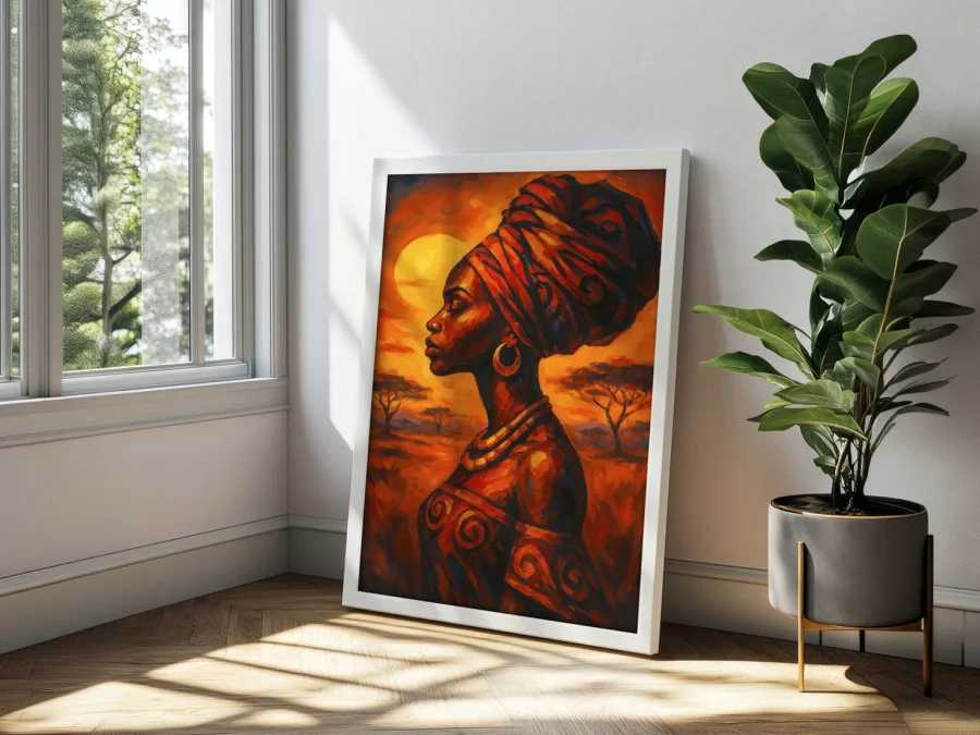🌍 Tablou pe pânză Femeie africană la apus cu ramă