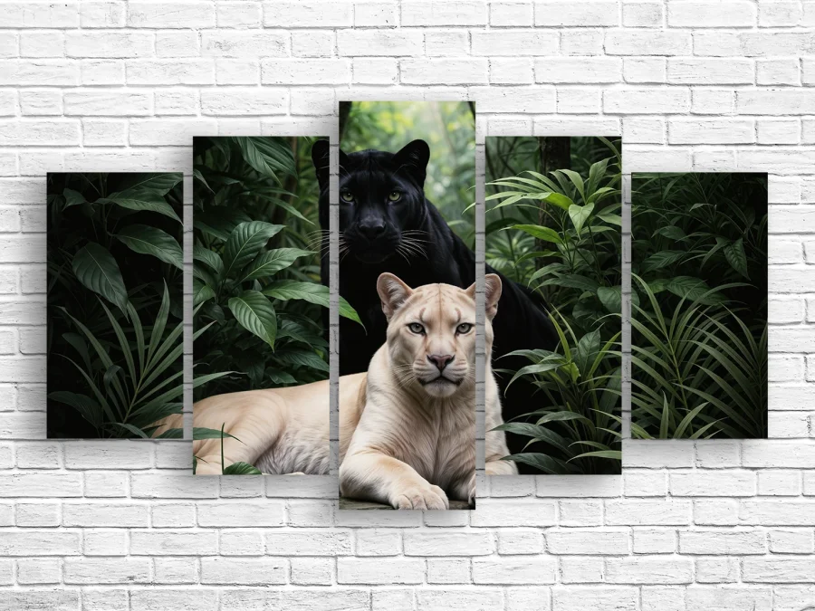 🐆 Модульная картина пантера и львица в зелёных джунглях