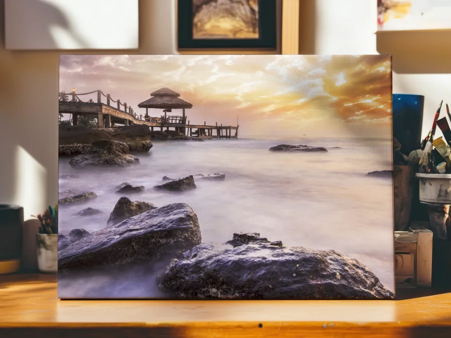 🌅 Tablou pe panza Peisaj mal tropical cu ponton la apus