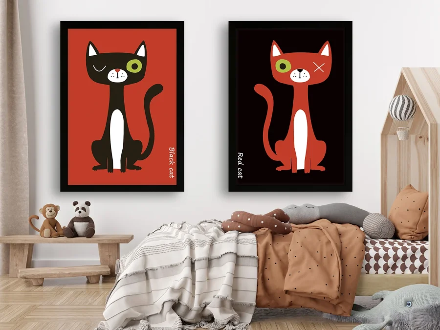 🐱 Tablouri „Pisici neagră și roșie în stil minimalist”