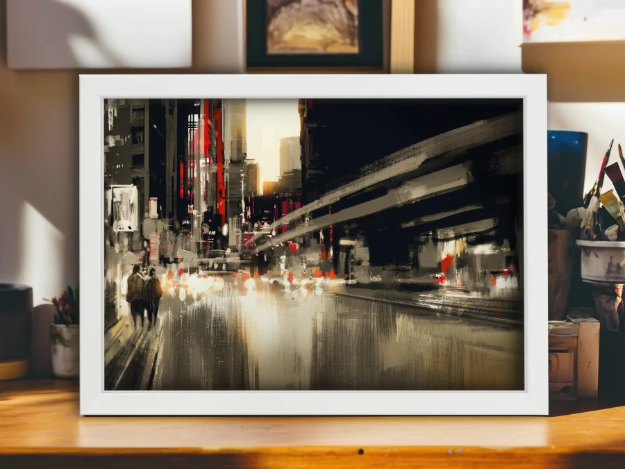 🏙️ Tablou pe pânză Orașul de noapte în ramă albă