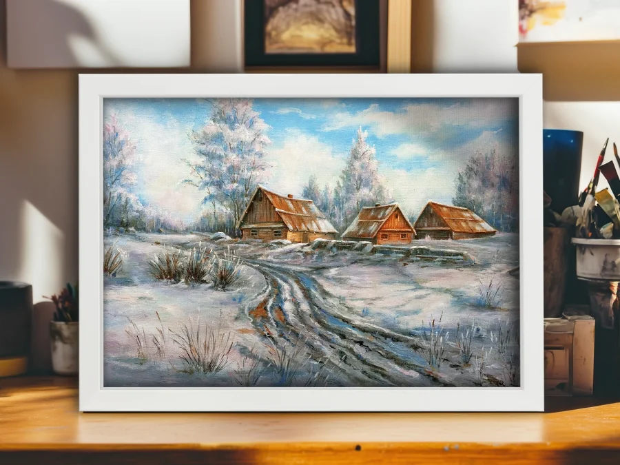 🏠 Tablou pe pânză Sat de iarnă în ramă albă