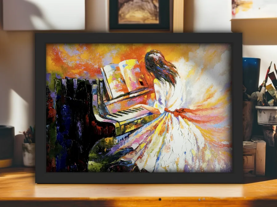 🎹 Tablou pe pânză Fată la pian cu ramă albă