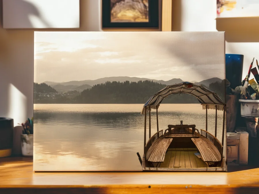 🚣 Tablou pe panza Barca pe lacul Bled în zori de zi