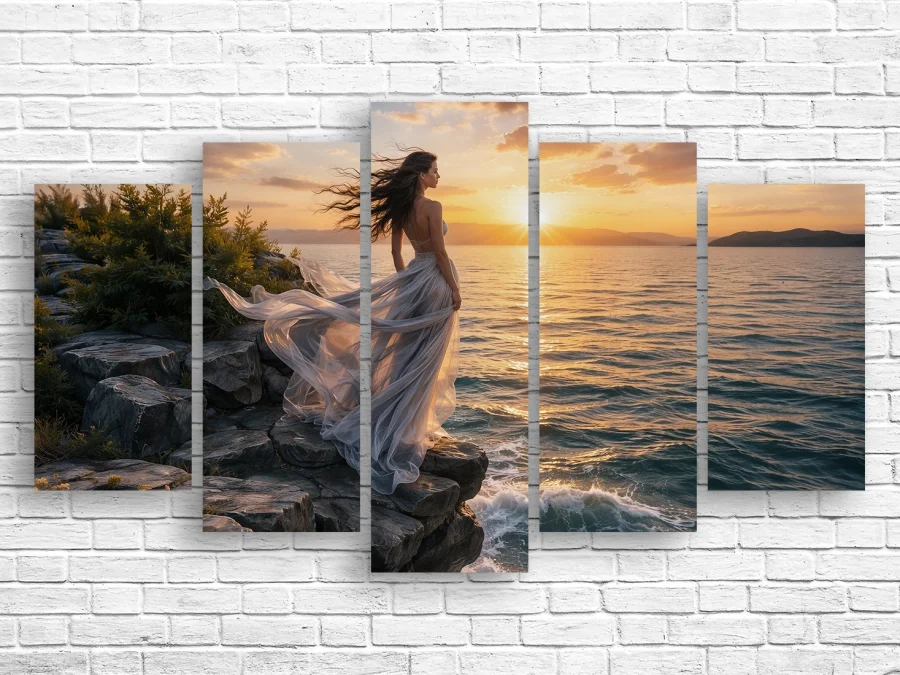 🌅 Tablou modular „Fată la mare la apus”