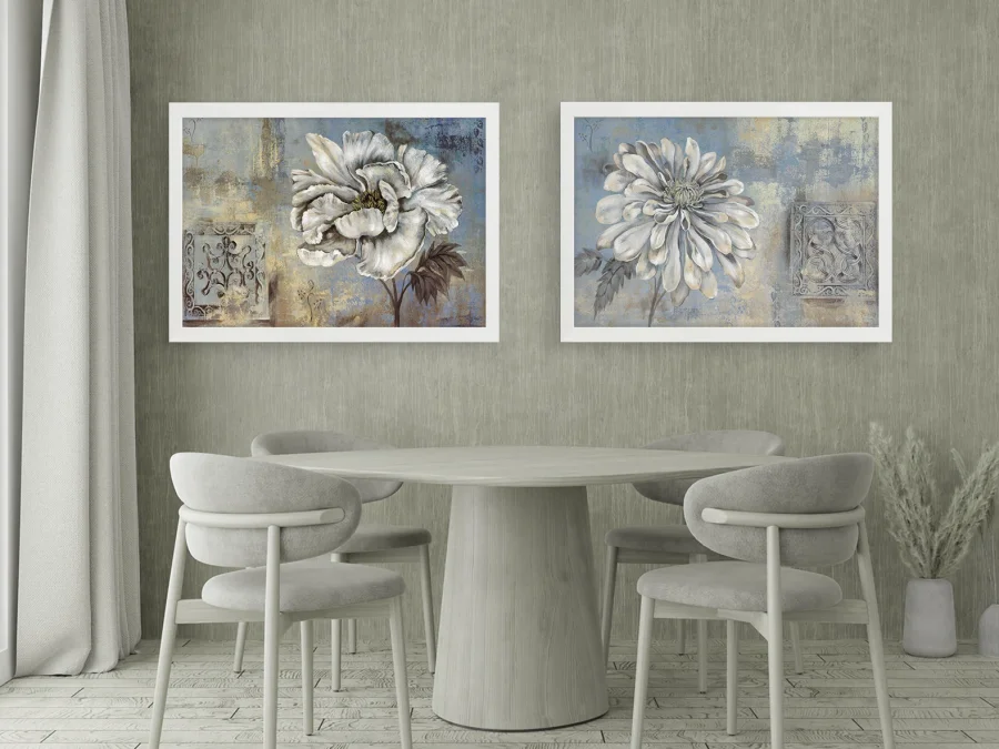 🌸 Картина Белые пионы абстракция в белой раме